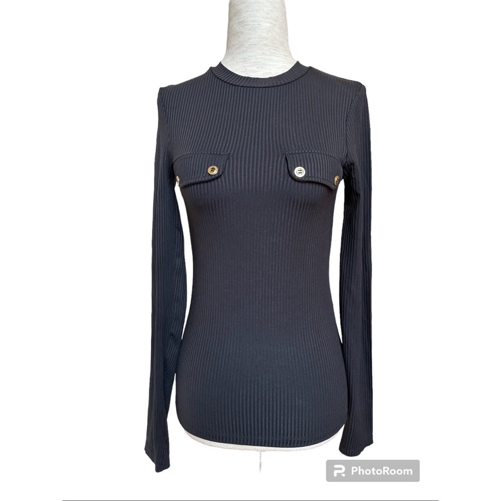 Zara Black Ribbed Top With Gold Button Faux Pocket Flaps, S